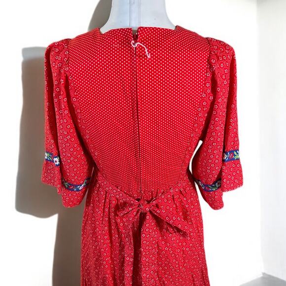 Vintage 70s Prairie Cottagecore Maxi Dress Red Embroidered Women's sz S Handmade - Picture 4 of 11